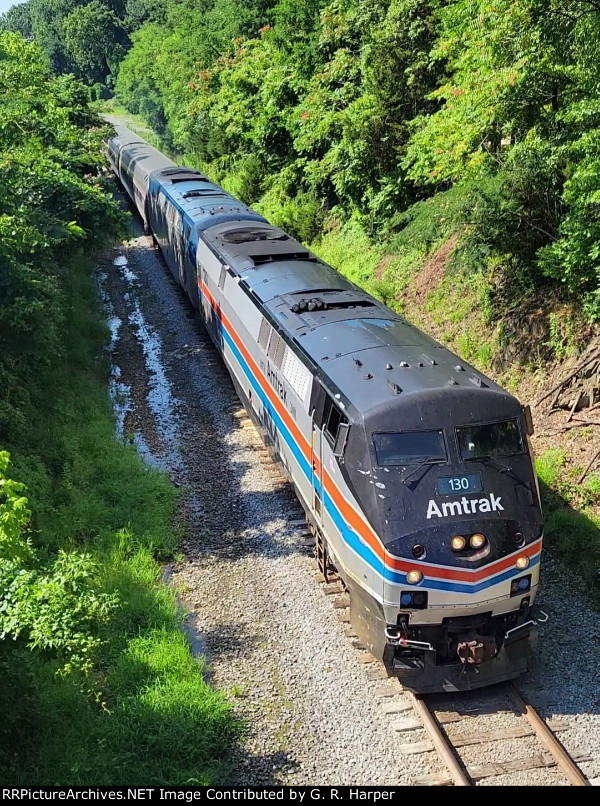 AMTK 130 leads Crescent, train 20, under Bedford Avenue in Lynchburg